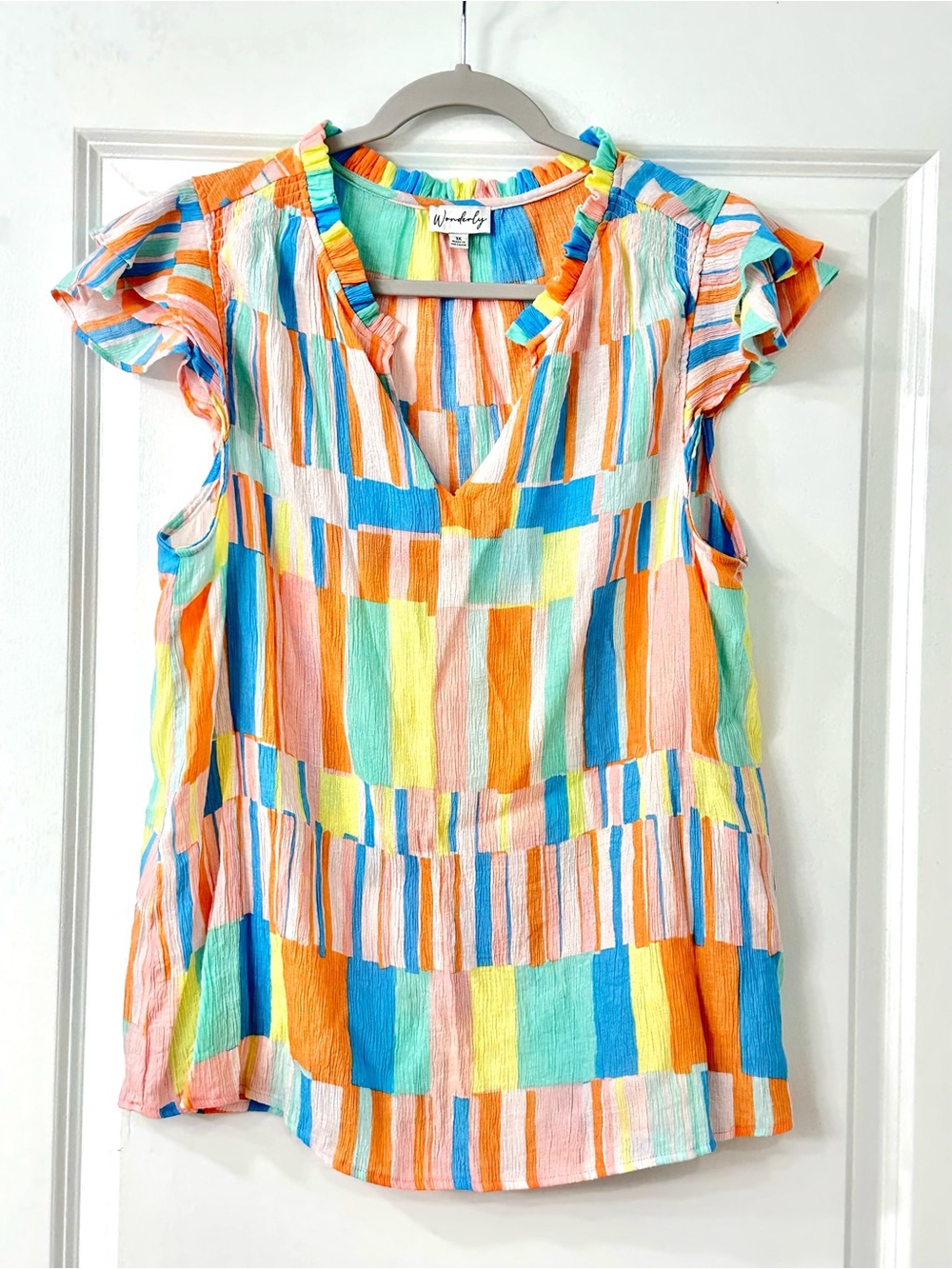 Wonderly Multicolor Striped Flutter Sleeve V-Neck Crinkle Blouse 1X (L/XL)